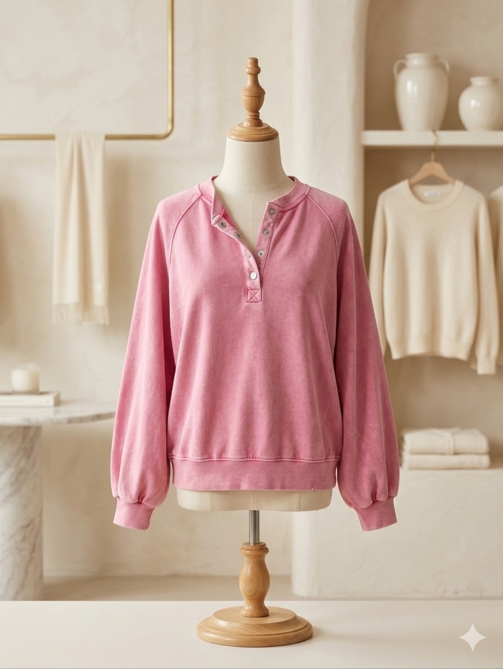 Lovesoft Washed Pink Lantern Sleeve Snap Button Pullover Sweatshirt Sz S